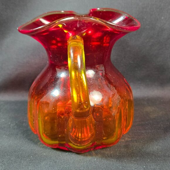 Small Amberina Art Glass Pitcher Red Orange Hand Blown Ribbed 5" Vintage Decor - Picture 4 of 10